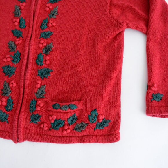 Vintage Dress Barn Christmas Holly Knit Zip Up Cardigan Sweater XL - Picture 6 of 10